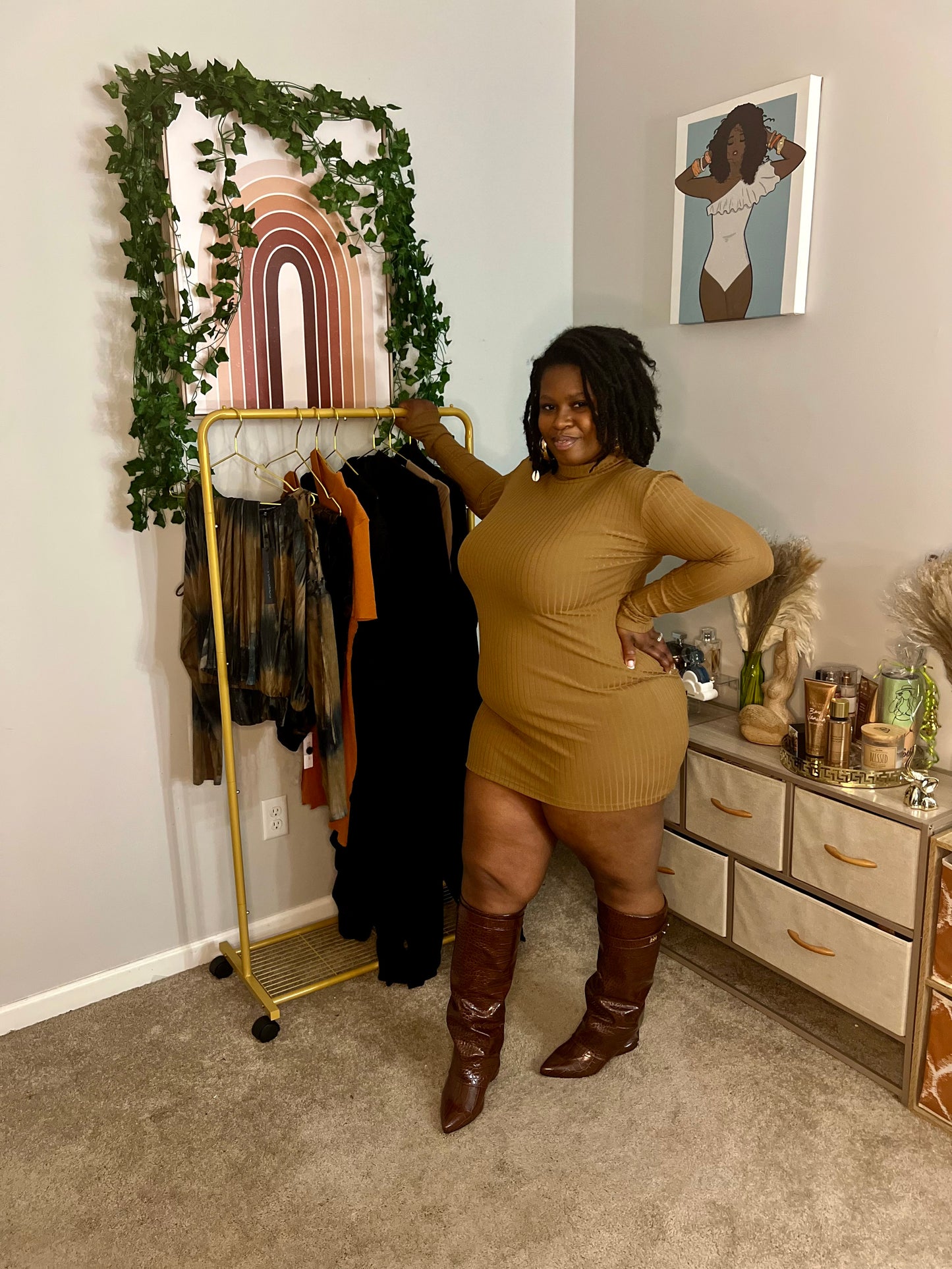 Brown Mini Long Sleeve Dress